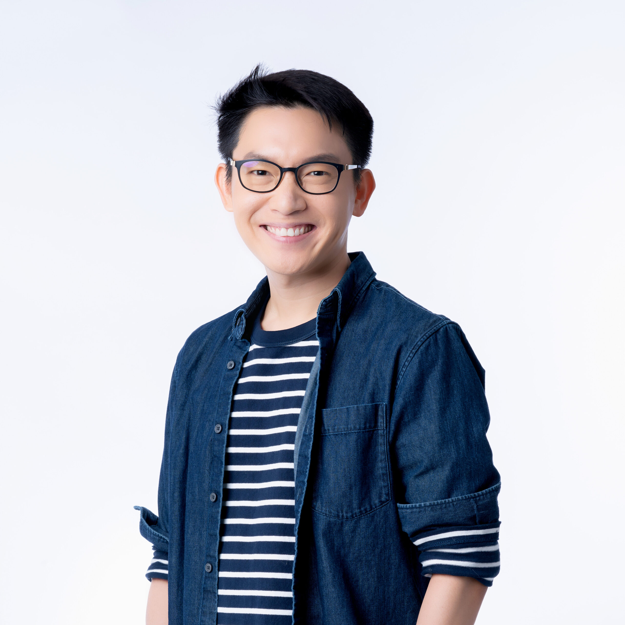 Testimonials smart attractive asian glasses male standing smile with freshness joyful casual blue shirt portrait white background